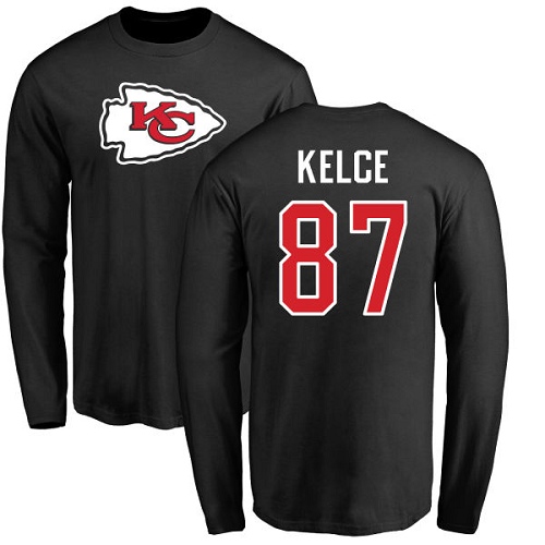 Men Kansas City Chiefs 87 Kelce Travis Black Name and Number Logo Long Sleeve T-Shirt